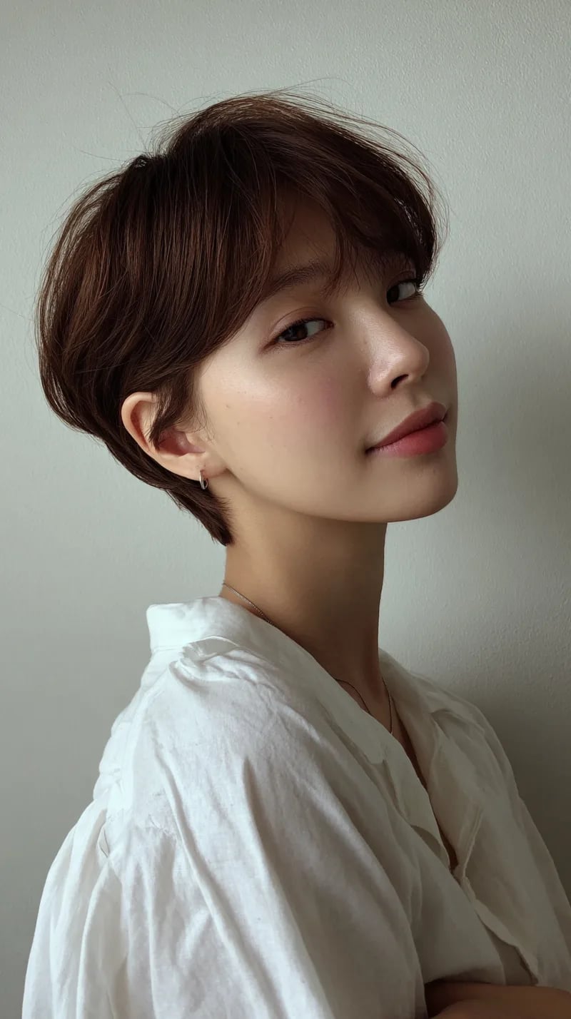 Dark Brown Chin Bob With Curtain Bangs and Presented In A Side View — Classy Korean Hair