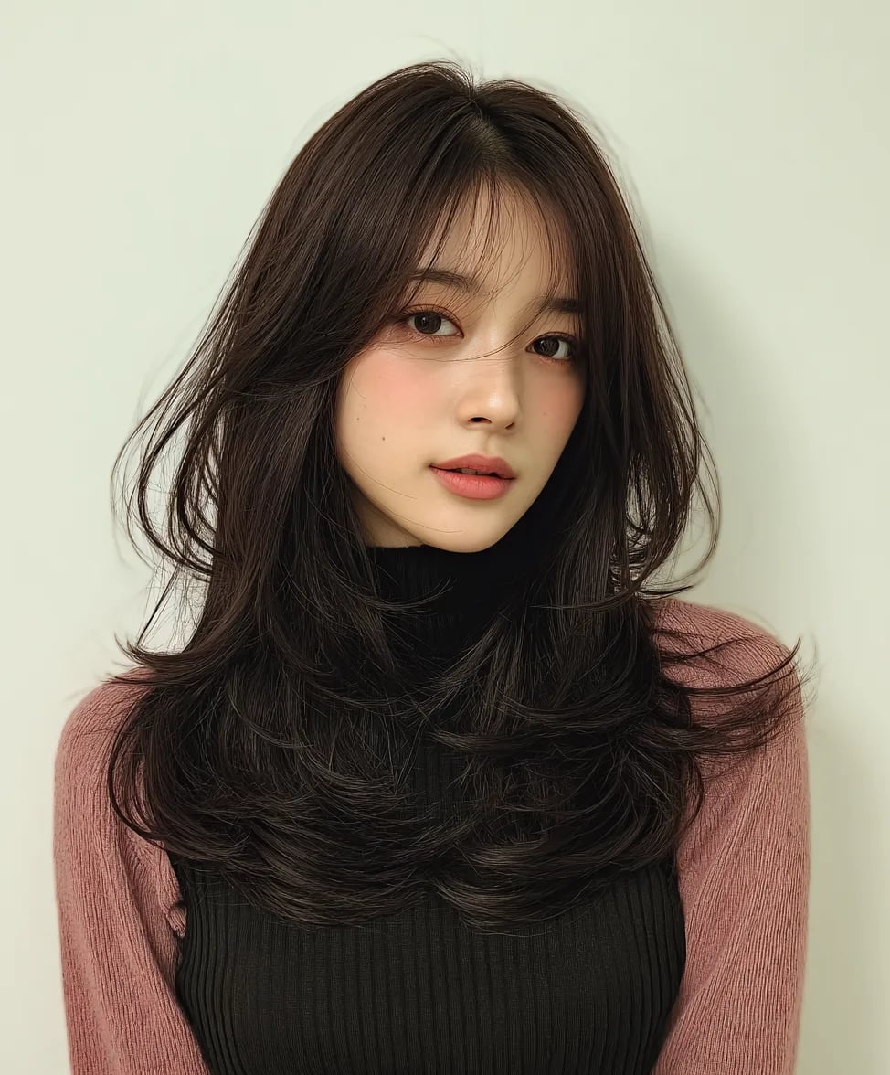 Dark Brown Mid-Back Layers With Curtain Bangs — Classy Korean Hair
