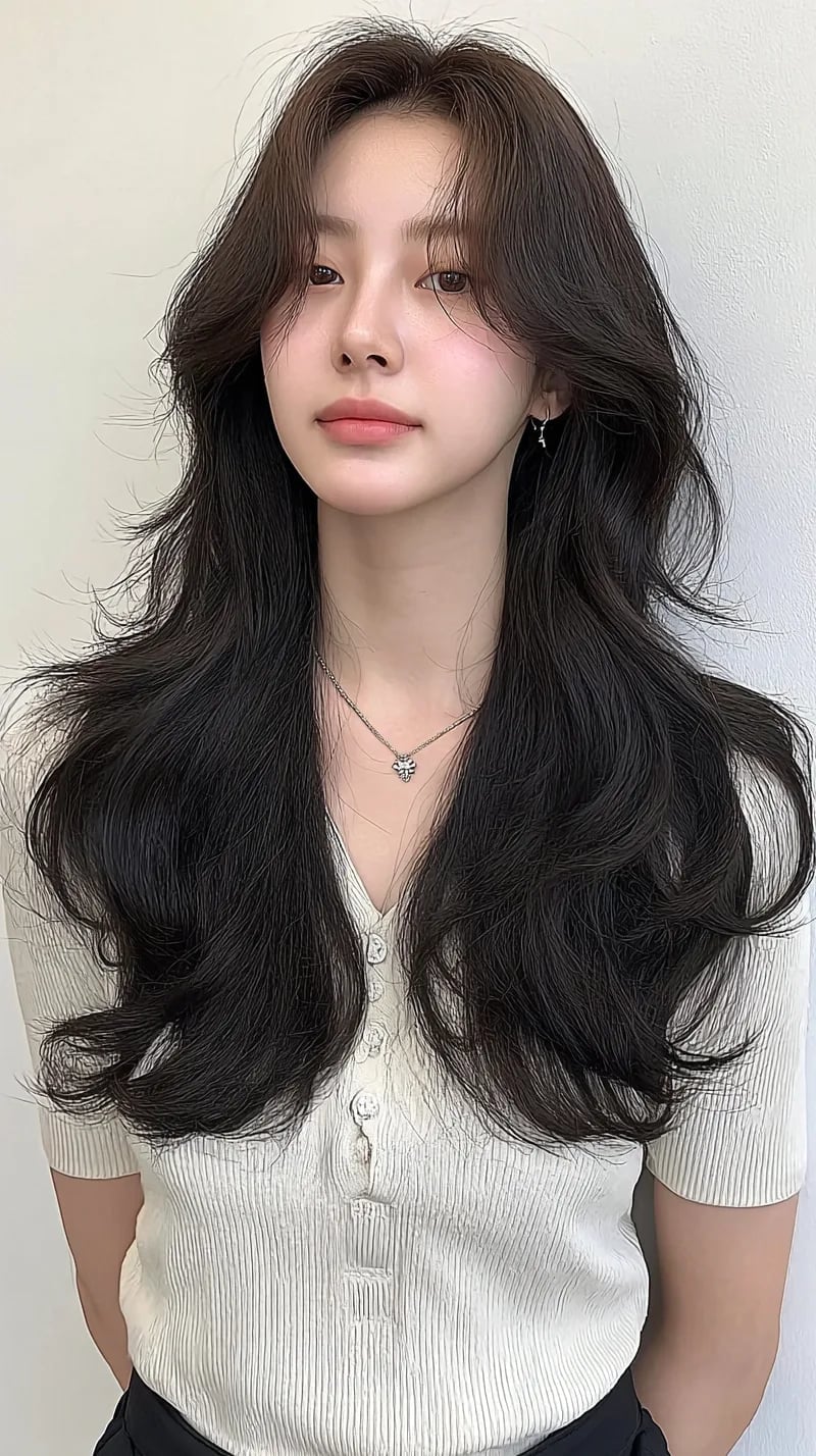 Glossy Dark Brown Mid-Back Layers, Close-Up Take — Classy Korean Hair