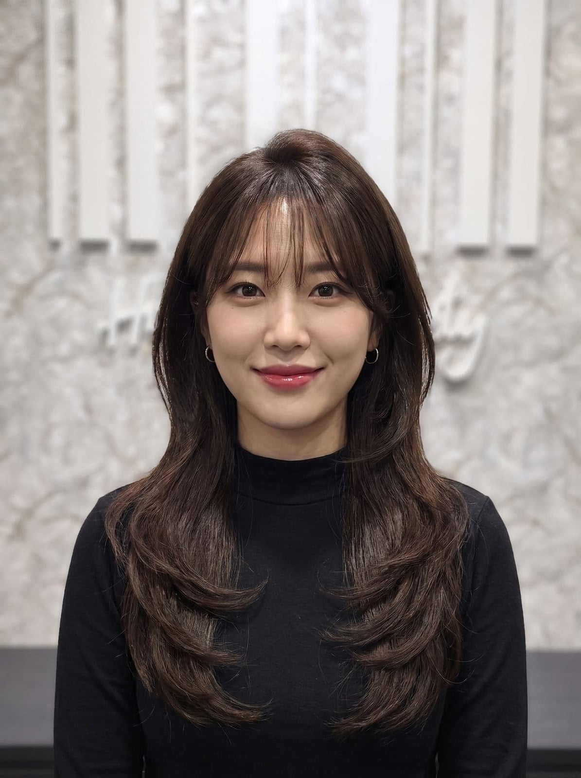 Straight Dark Brown Mid-Back With Layers and Parted In The Middle — Classy Korean Hair