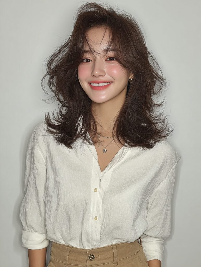 Medium Brown Collarbone Layers With Bangs — Classy Korean Hair