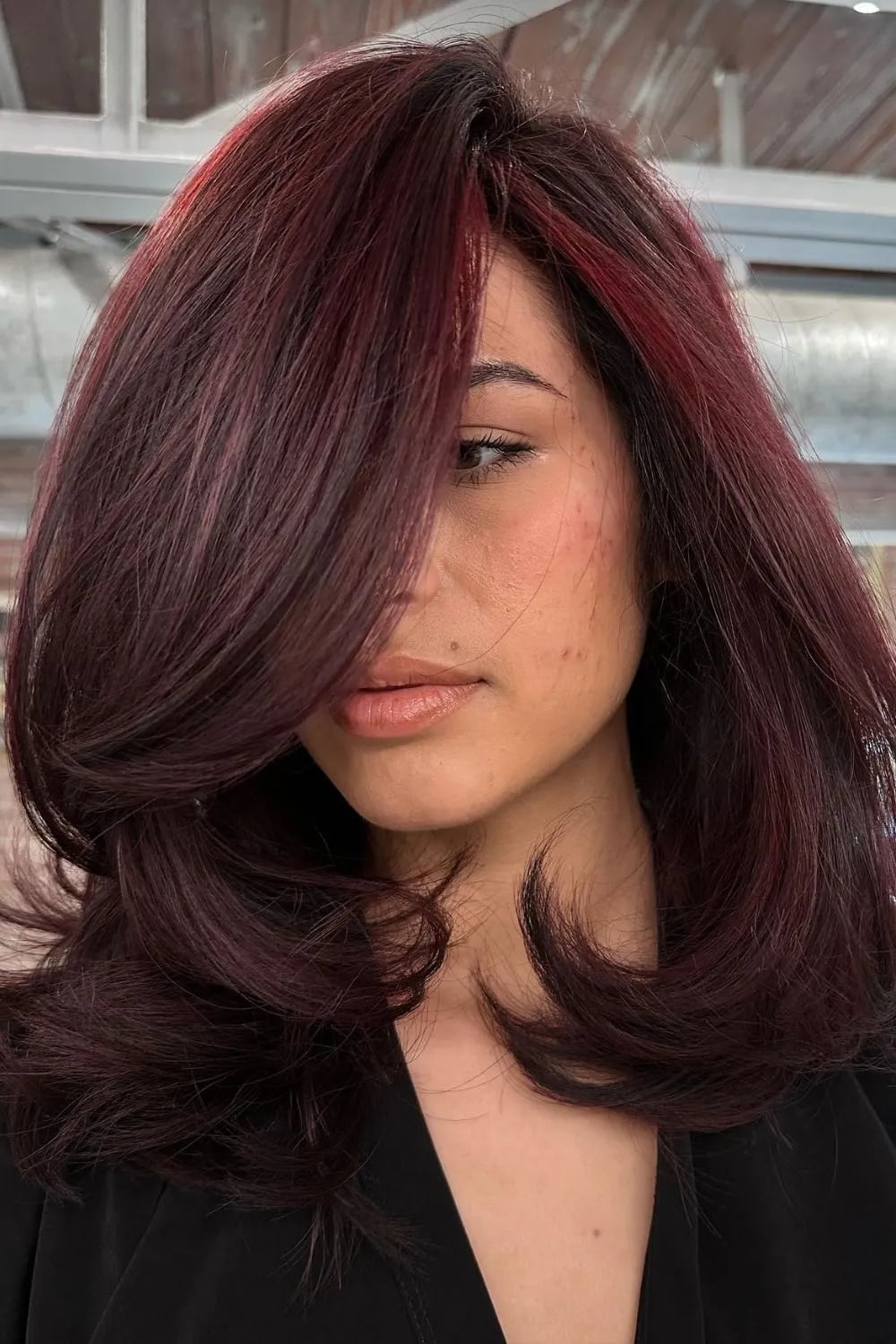 Dark Red Collarbone Lob With Volume Blowout — Classy Latina Hairstyles