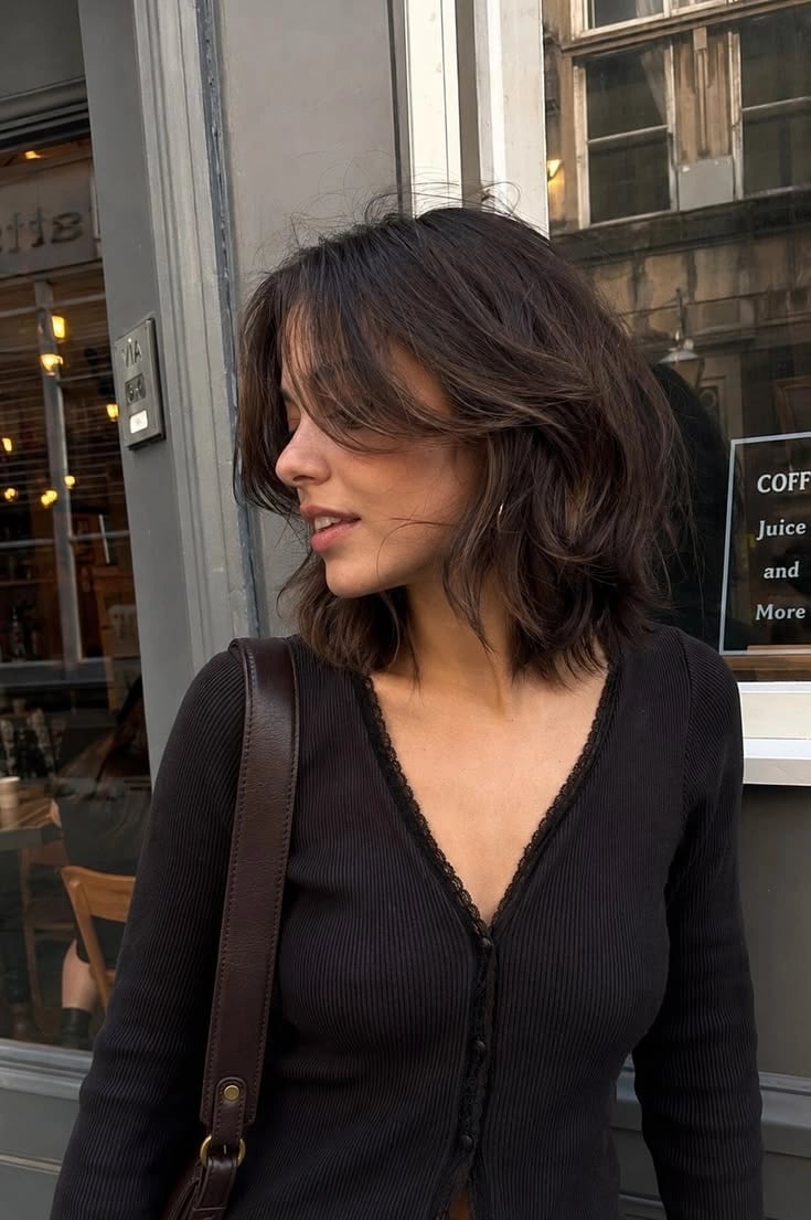 Dark Brown Layered Lob With Curtain Fringe Dark Brown Layered Lob With Curtain Fringe — Classy Layered Haircuts for Medium Hair