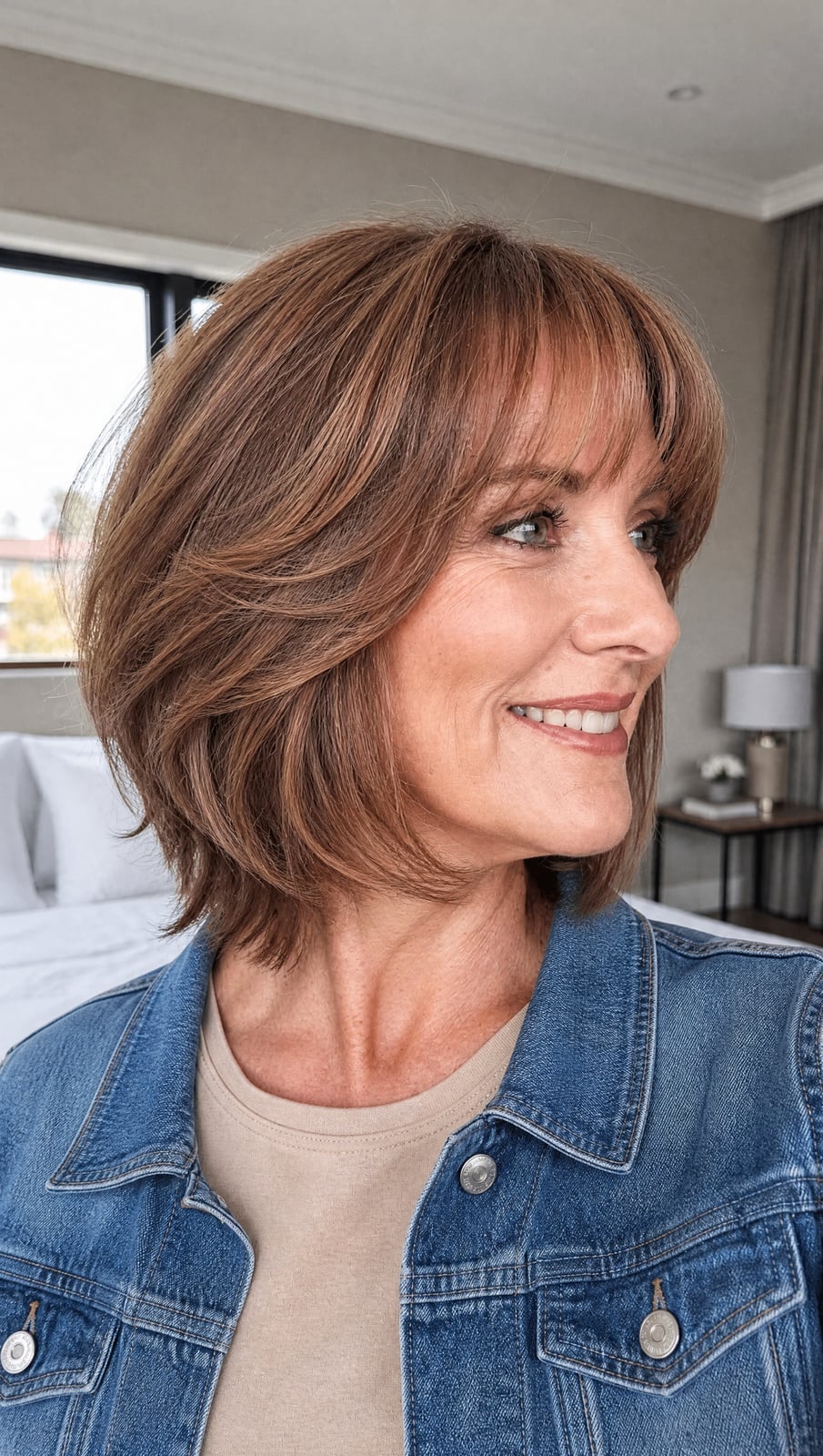 Chin Length Layered Bob With Full Bangs Chin Length Layered Bob With Full Bangs — Classy Layered Haircuts for Medium Hair