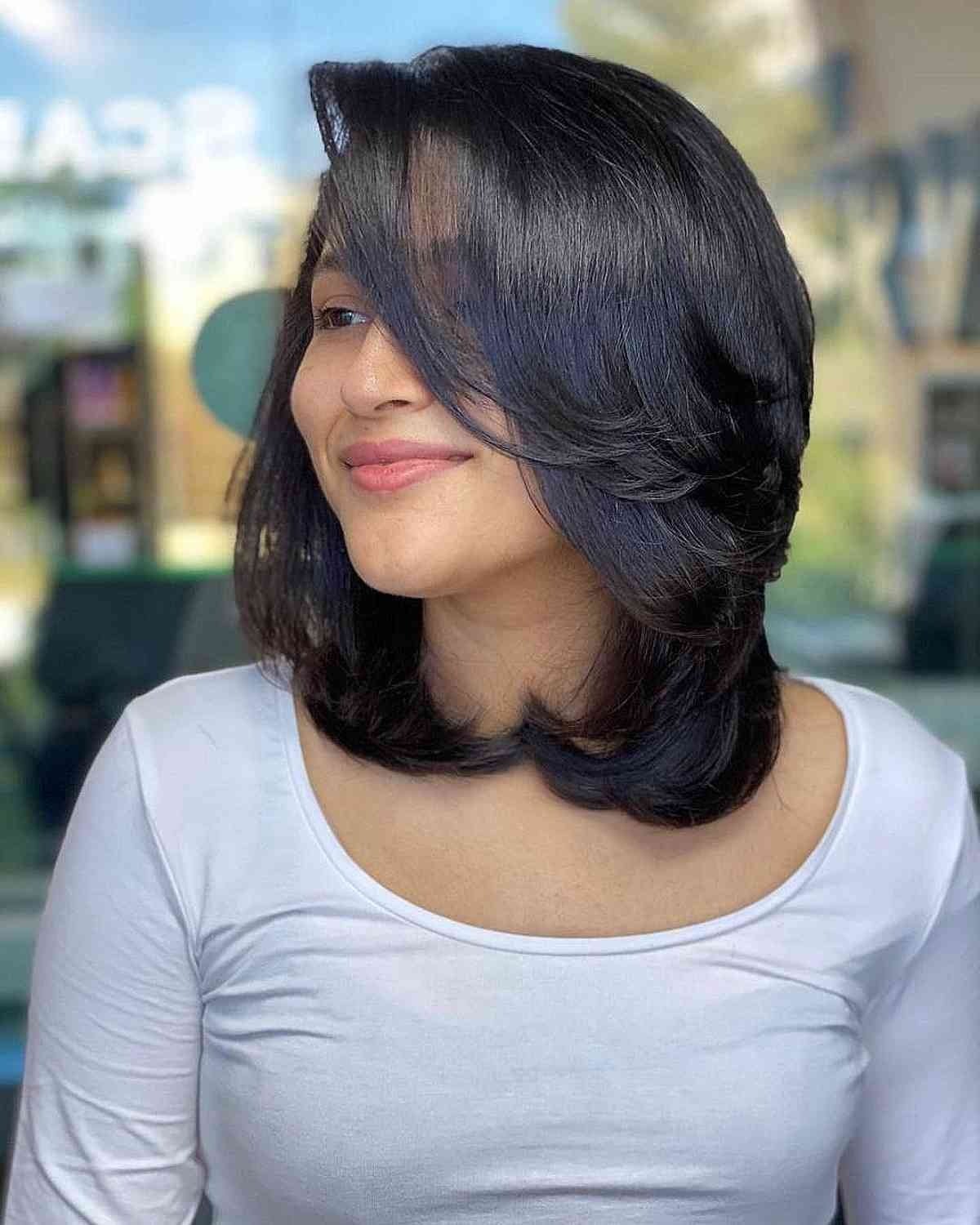 Stacked Layered Bob With Side-Swept Fringe Stacked Layered Bob With Side-Swept Fringe — Classy Layered Haircuts for Medium Hair