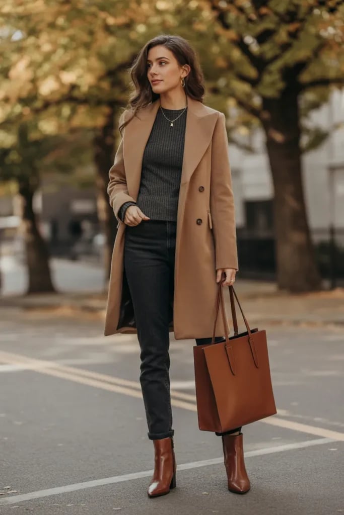 Camel Overcoat With Gray Sweater And Charcoal Jeans Camel Overcoat With Gray Sweater And Charcoal Jeans — Classy Layered Ideas