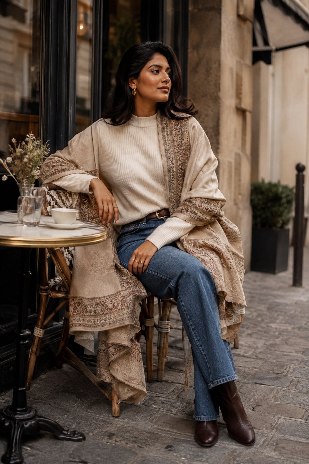 Patterned Shawl Over Cream Sweater And Blue Jeans Patterned Shawl Over Cream Sweater And Blue Jeans — Classy Layered Ideas