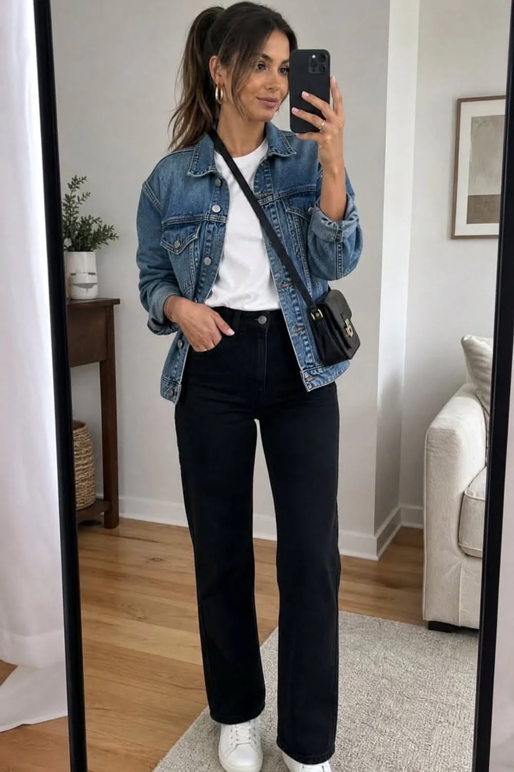 Denim Jacket Over White Tee And Black Jeans Denim Jacket Over White Tee And Black Jeans — Classy Layered Ideas