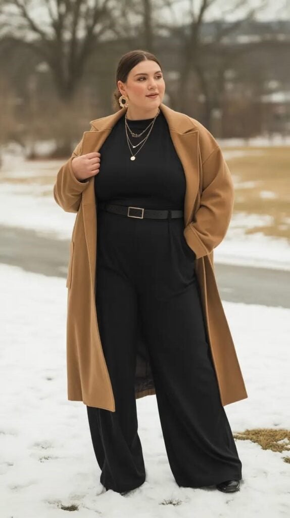 Camel Coat Over Black Jumpsuit Camel Coat Over Black Jumpsuit — Classy Layered Ideas
