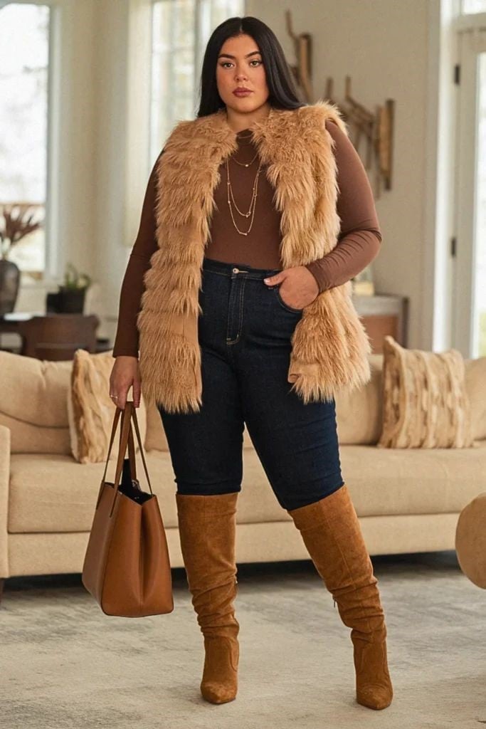 Brown Faux Fur Vest Over Long Sleeve Top And Skinny Jeans Brown Faux Fur Vest Over Long Sleeve Top And Skinny Jeans — Classy Layered Ideas