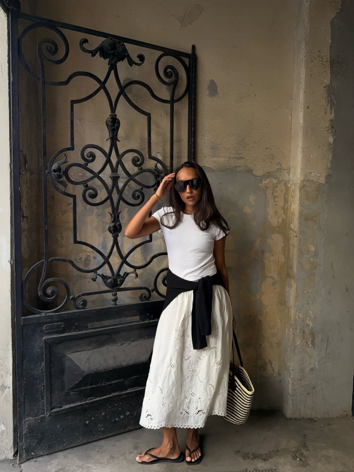 Eyelet Midi Dress With Sweater Tied Around Waist Eyelet Midi Dress With Sweater Tied Around Waist — Classy Layered Ideas