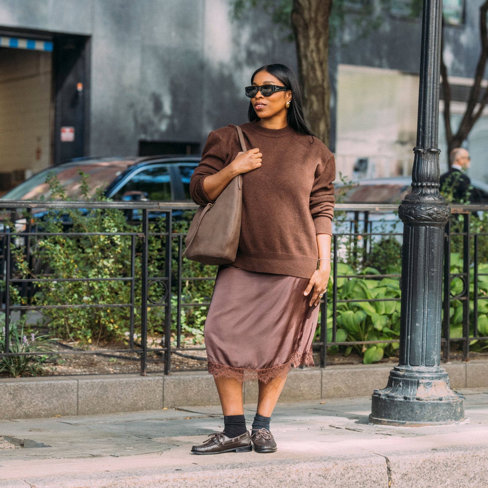 Oversized Knit Sweater Over Satin Slip Skirt Oversized Knit Sweater Over Satin Slip Skirt — Classy Layered Ideas
