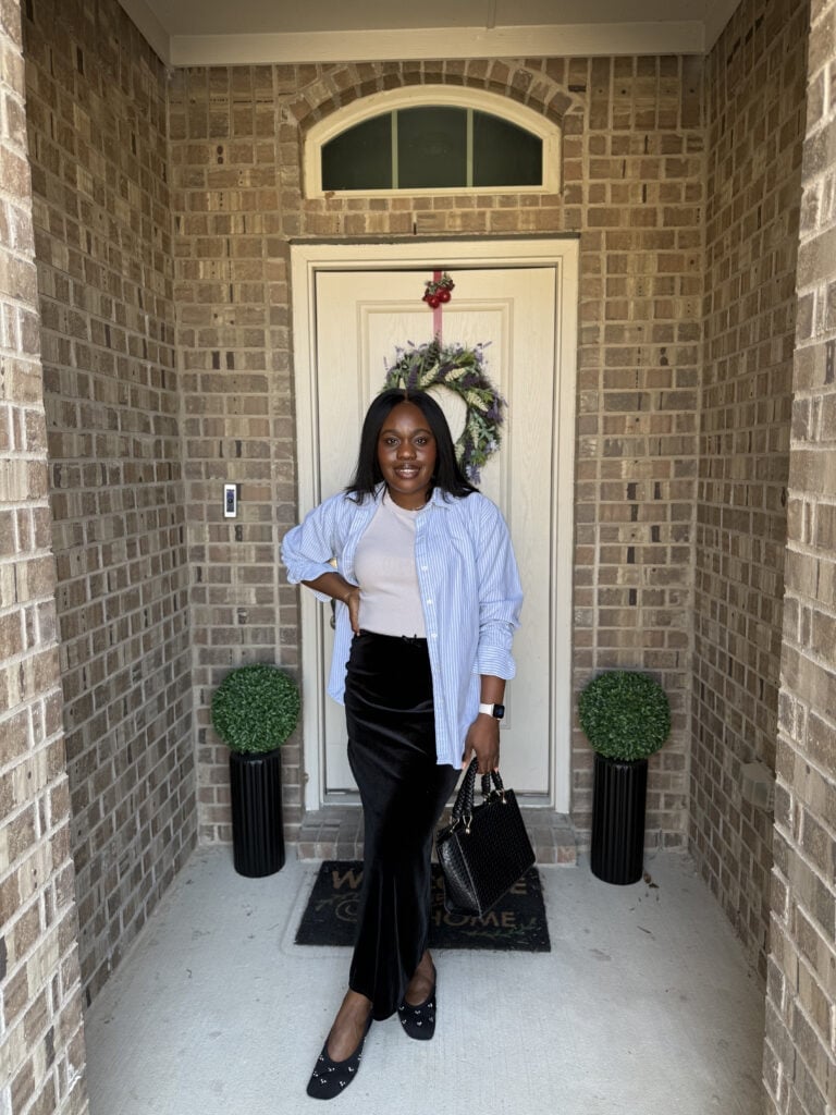 Crewneck Top And Striped Shirt With Velvet Pants Crewneck Top And Striped Shirt With Velvet Pants — Classy Layered Ideas