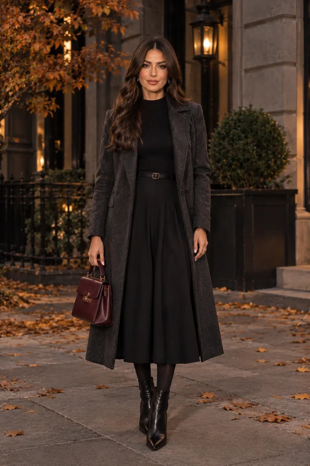 Gray Textured Coat Over Black Top And Pleated Skirt Gray Textured Coat Over Black Top And Pleated Skirt — Classy Layered Ideas