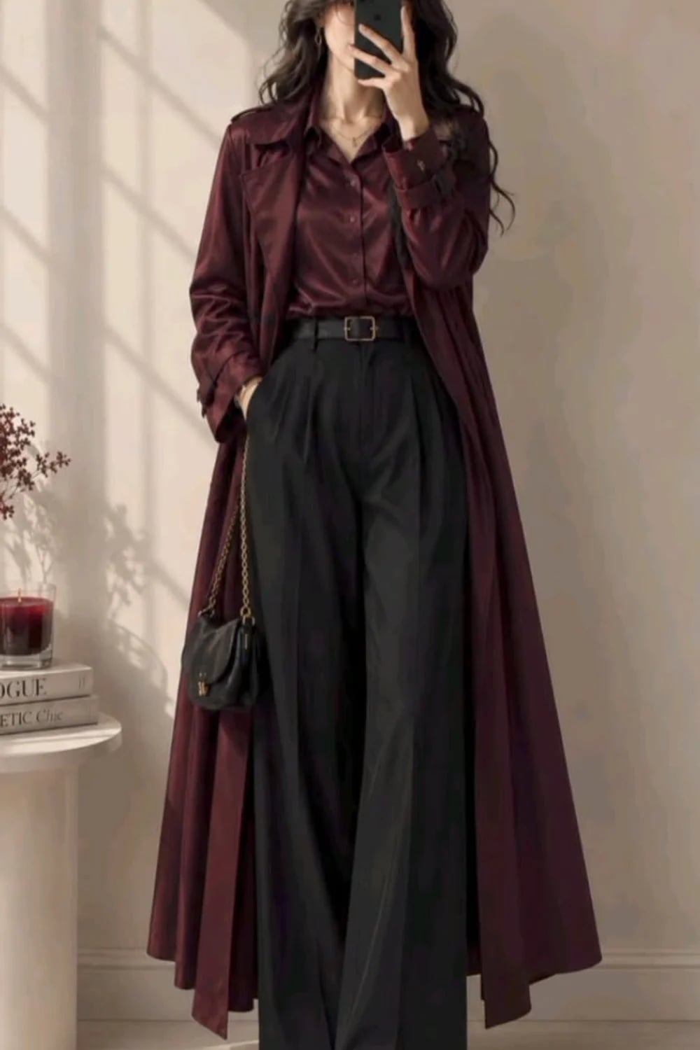 Burgundy Trench Coat Over Satin Blouse And Trousers Burgundy Trench Coat Over Satin Blouse And Trousers — Classy Layered Ideas