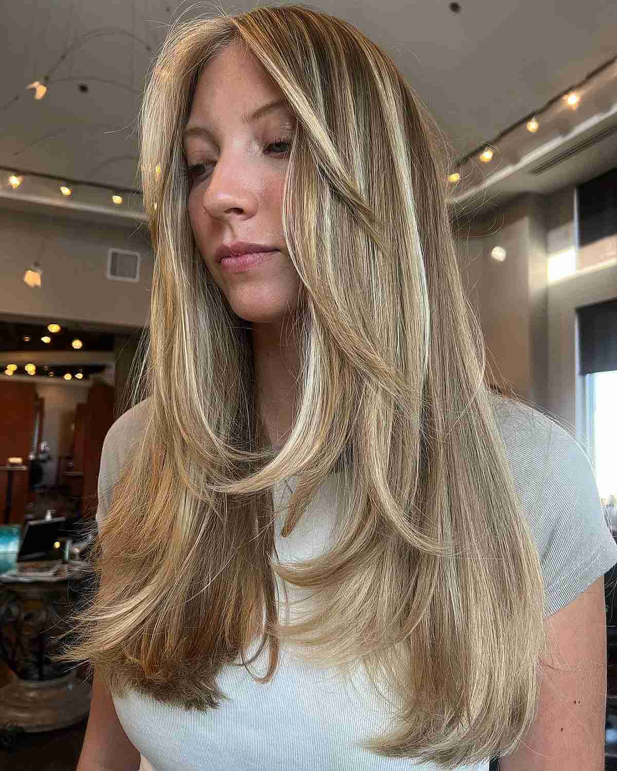 Blonde Mid-Back Layers With Soft Curtain Bangs Blonde Mid-Back Layers With Soft Curtain Bangs — Classy Layers Wig