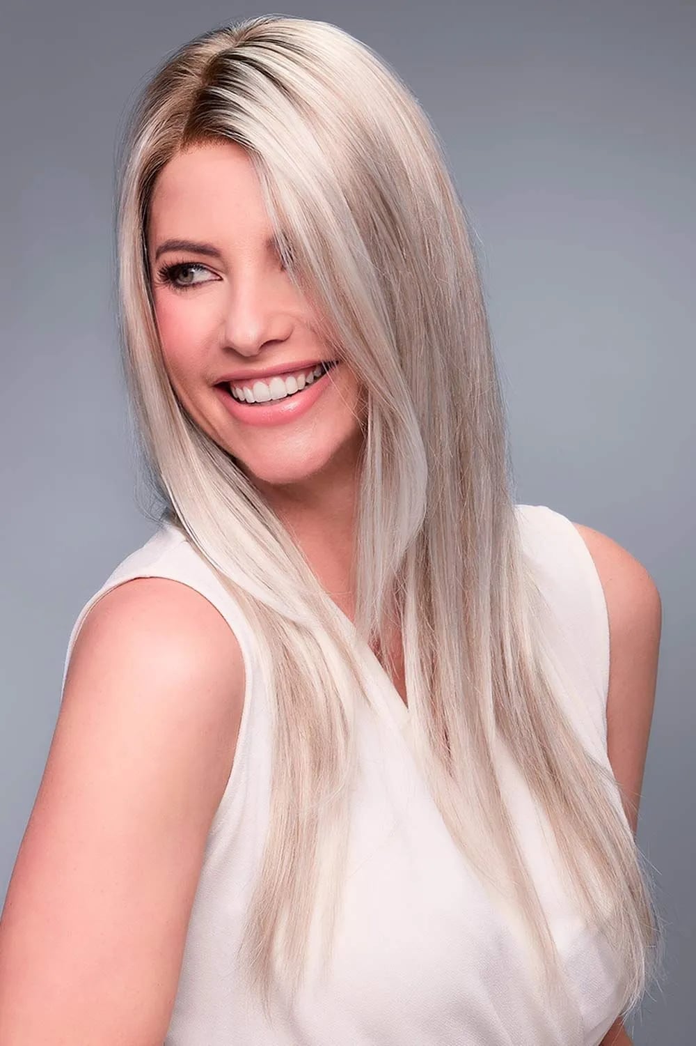 Platinum Blonde Layers With Side Swept Bangs Platinum Blonde Layers With Side Swept Bangs — Classy Layers Wig