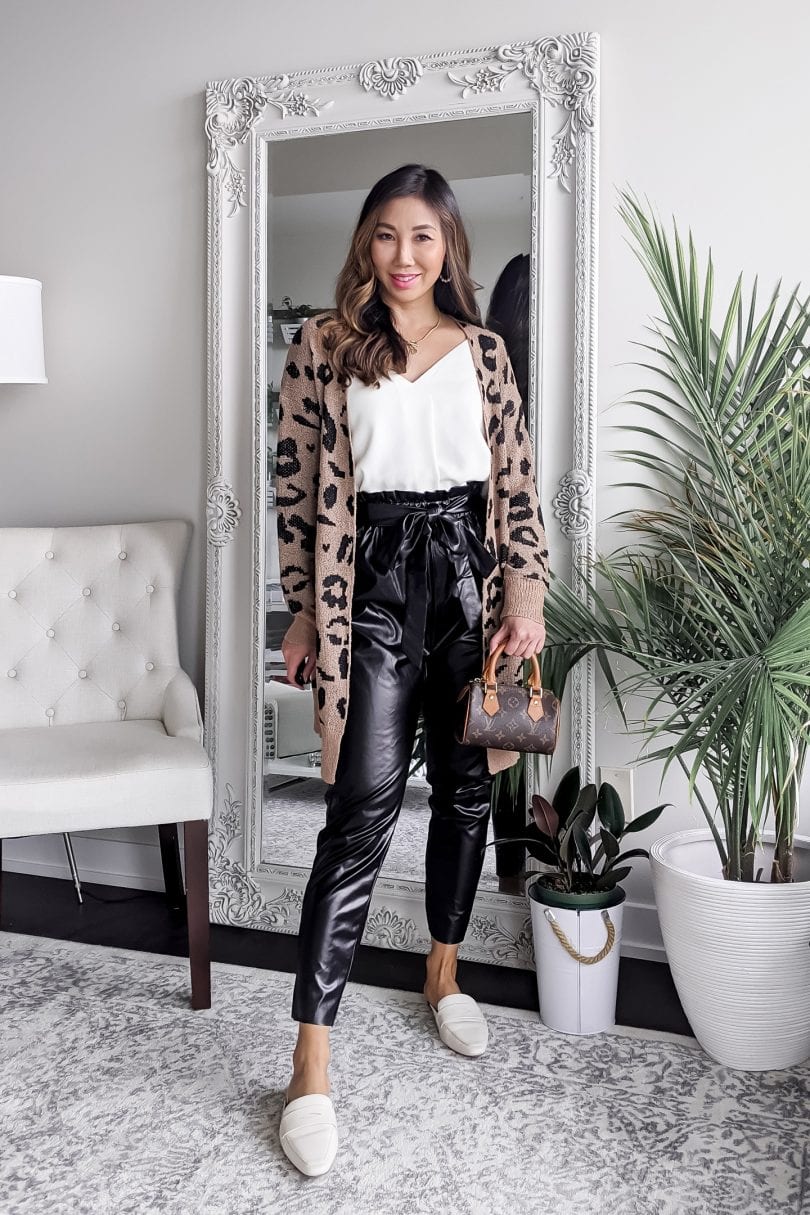Paperbag Waist Leather Pants With Cardigan — Classy Leather Outfits