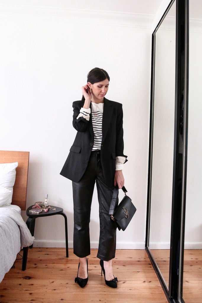 Leather Pants With Striped Top and Blazer — Classy Leather Outfits
