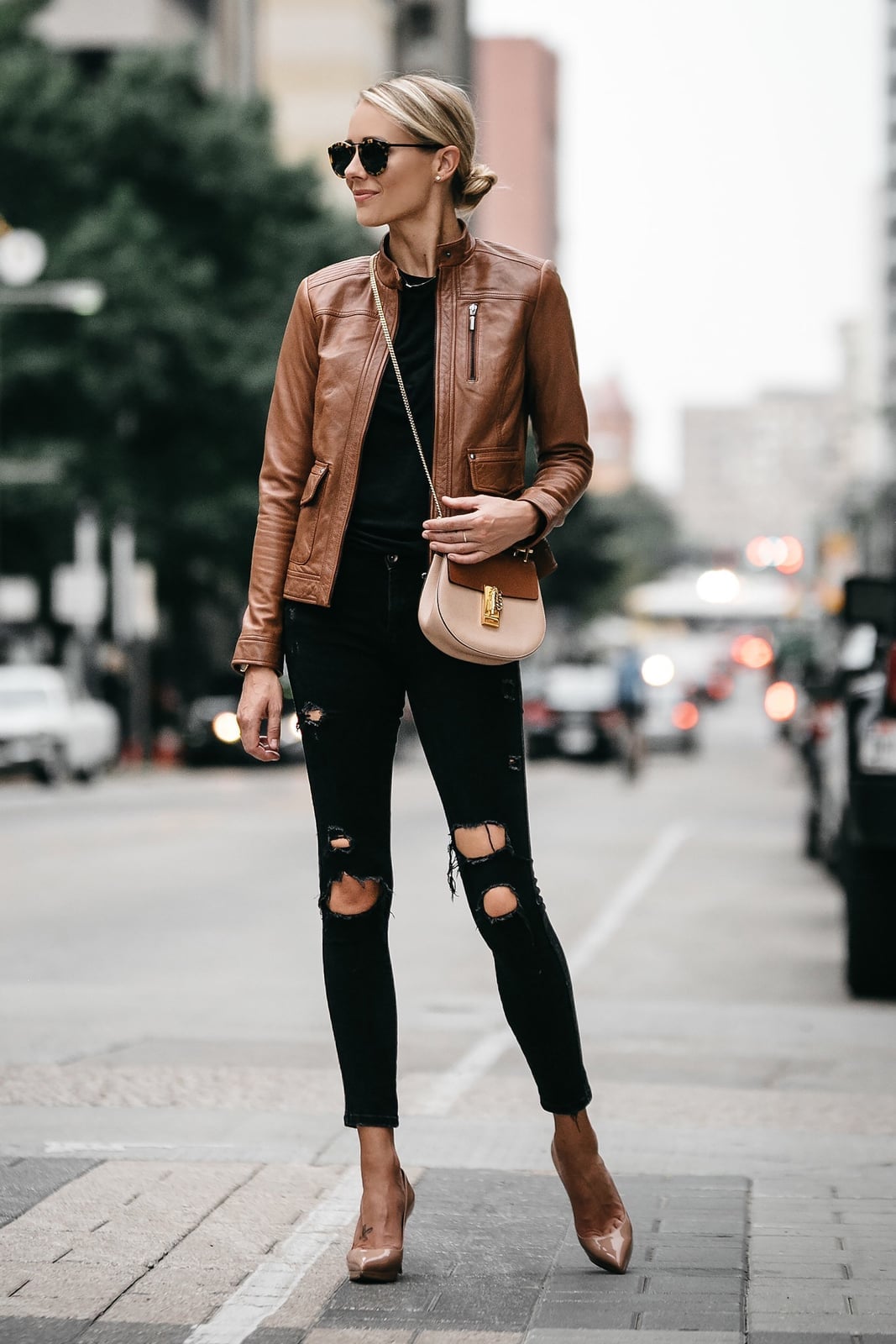 Brown Leather Moto Jacket With Distressed Jeans — Classy Leather Outfits