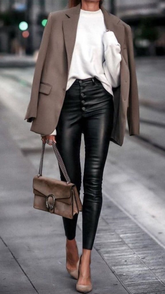 Fitted Leather Pants With Brown Blazer — Classy Leather Outfits