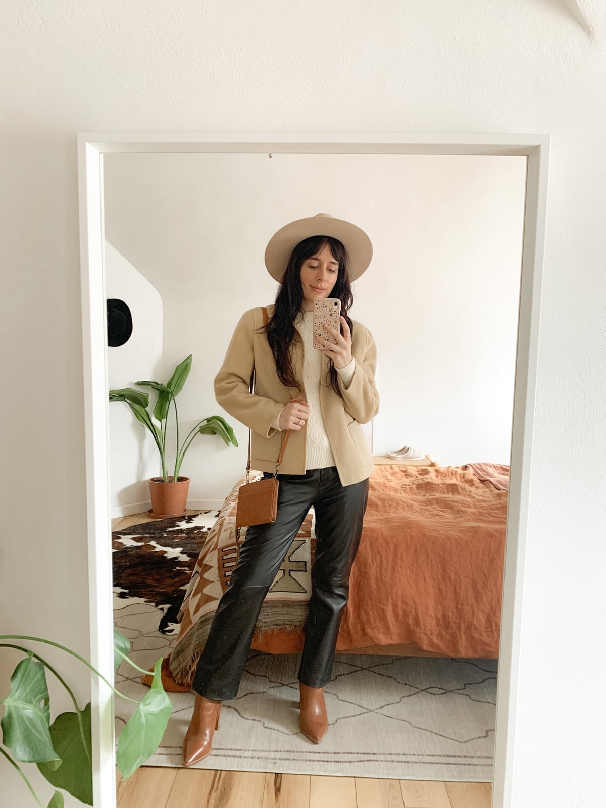 Leather Pants With Beige Knit Sweater and Blazer — Classy Leather Outfits