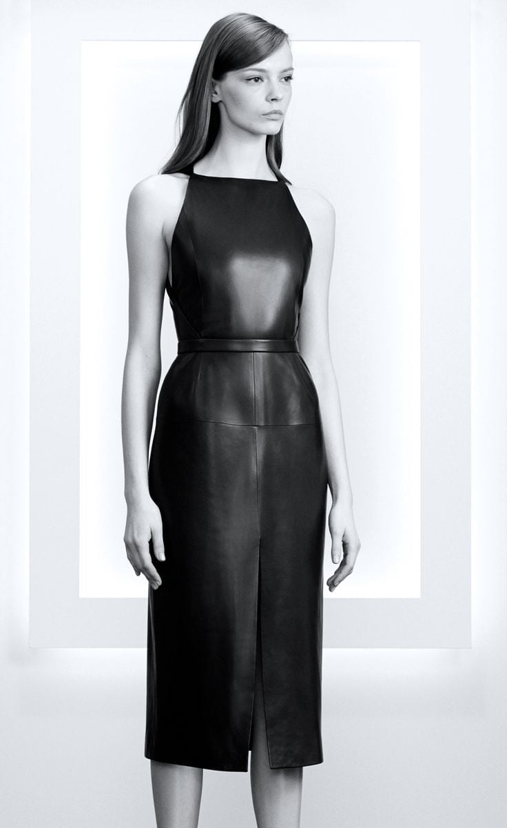 Sleeveless Halter Neck Leather Sheath Dress — Classy Leather Outfits