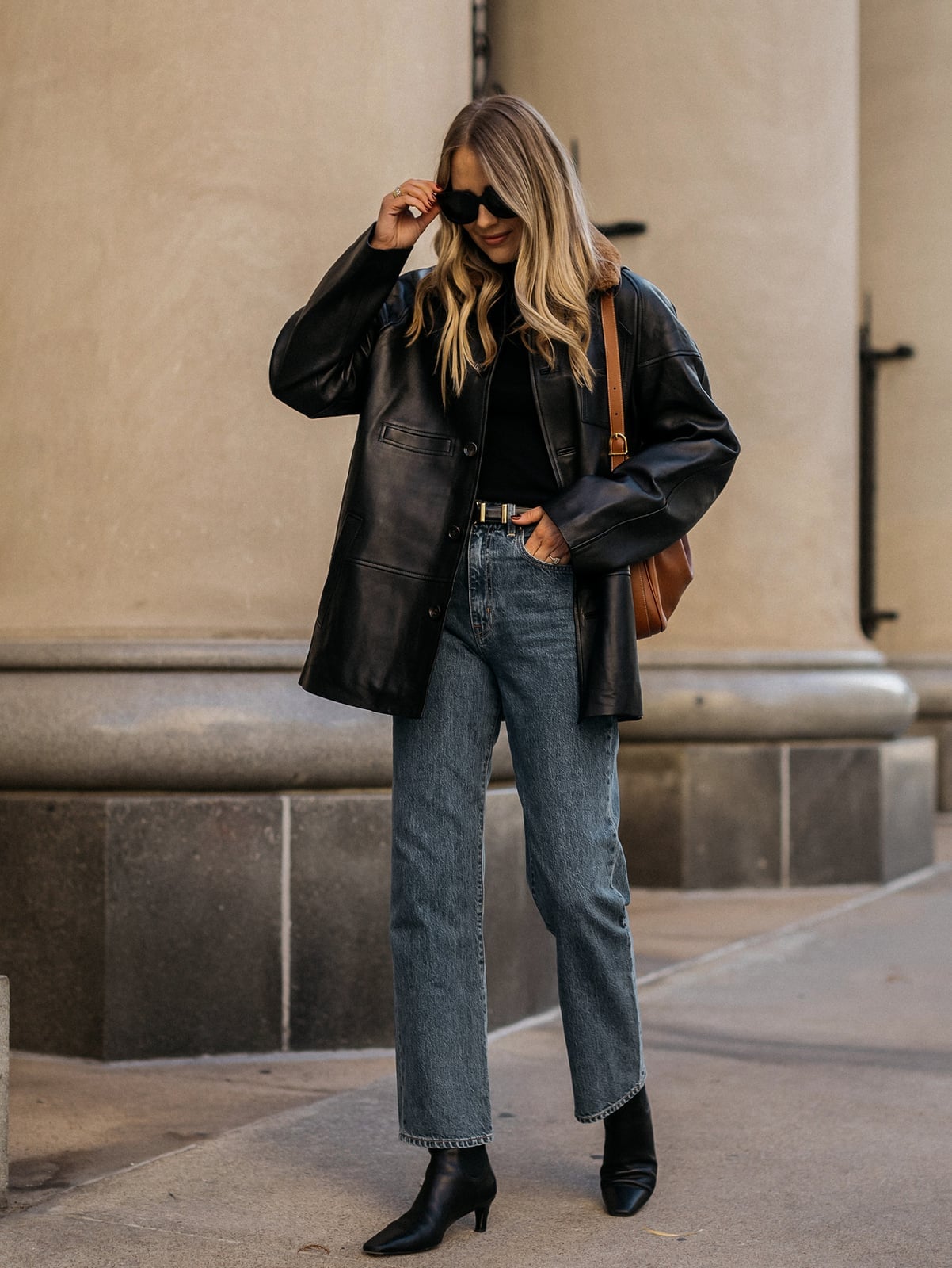 Oversized Leather Jacket With Jeans and Turtleneck — Classy Leather Outfits