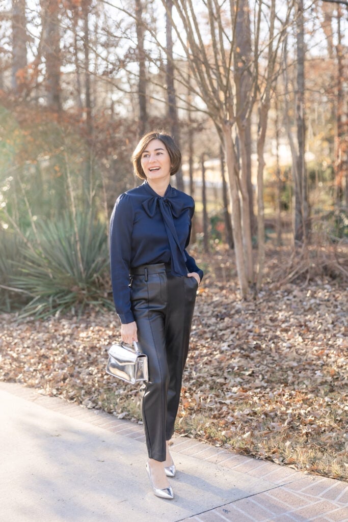 Leather Trousers With Satin Bow Blouse — Classy Leather Outfits