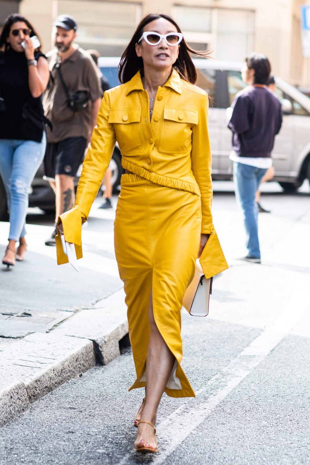 Bright Yellow Leather Midi Dress With Cut-Out — Classy Leather Outfits
