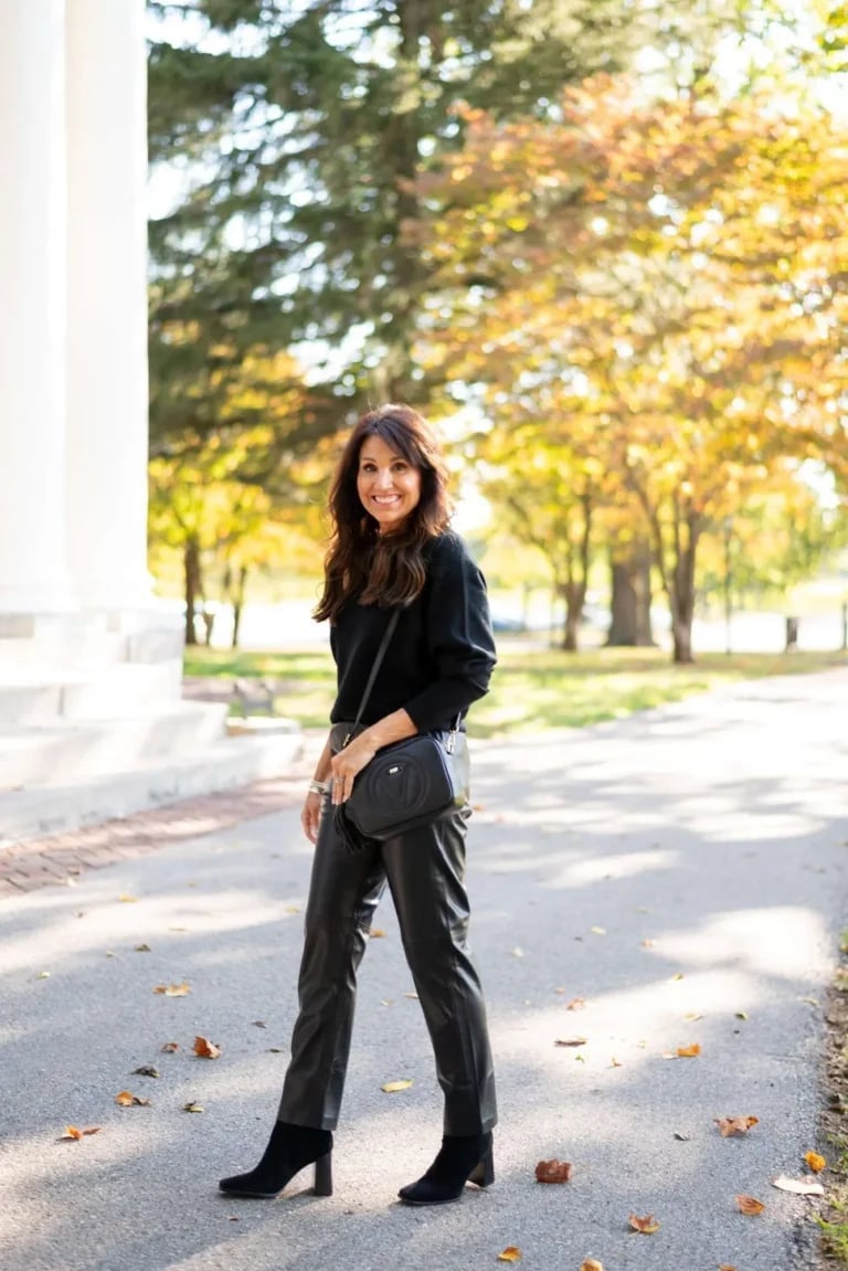 Black Leather Pants With Crewneck Sweater — Classy Leather Outfits