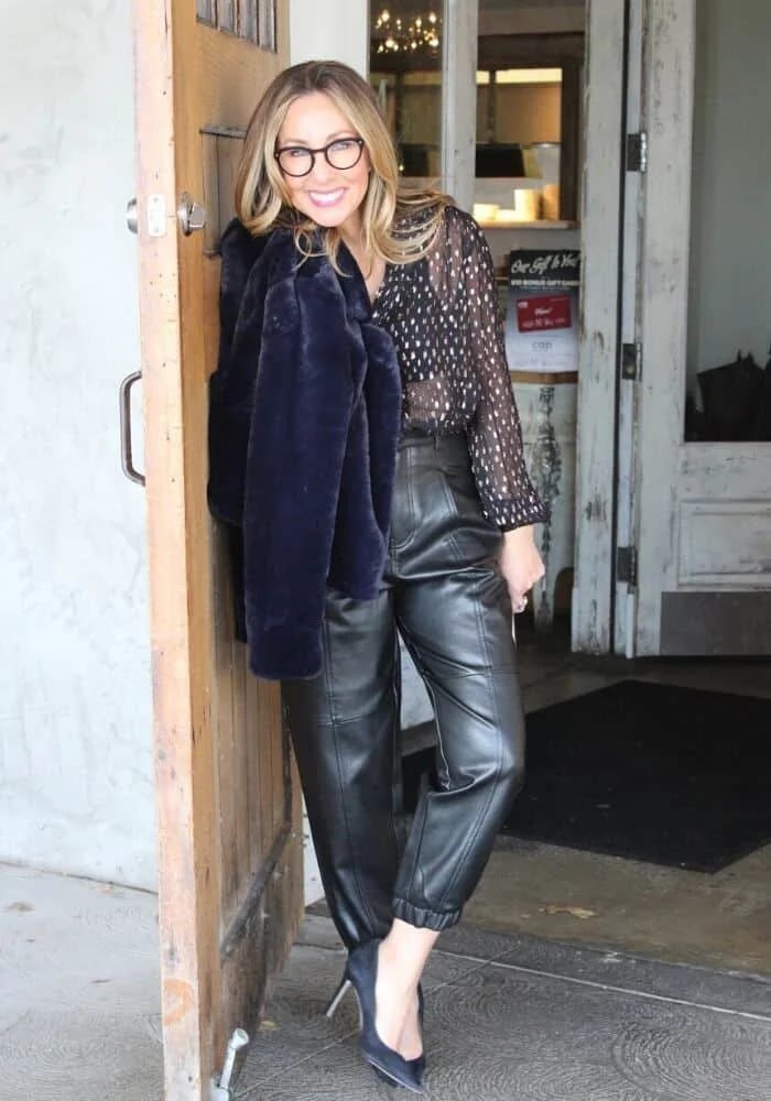 Leather Joggers With Sheer Polka Dot Blouse Leather Joggers With Sheer Polka Dot Blouse — Classy Leather Pants Outfits
