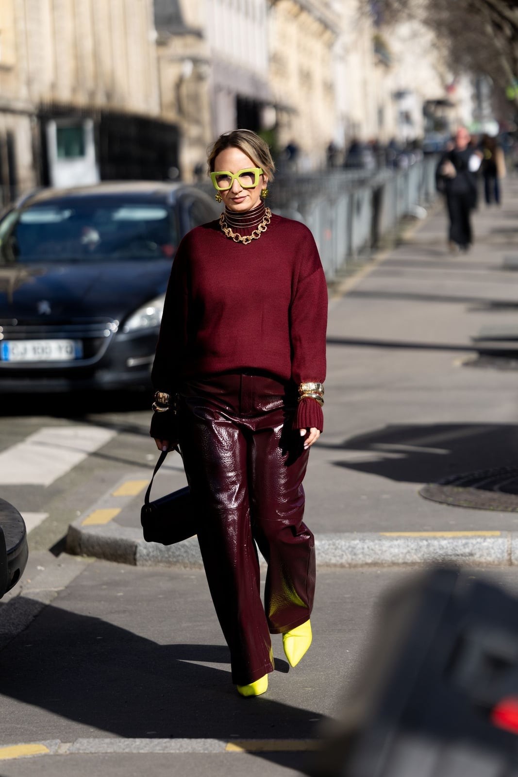 Burgundy Leather Pants With Yellow Heels Burgundy Leather Pants With Yellow Heels — Classy Leather Pants Outfits