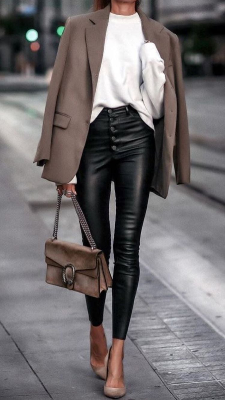 Fitted Leather Pants With A Tailored Blazer Fitted Leather Pants With A Tailored Blazer — Classy Leather Pants Outfits