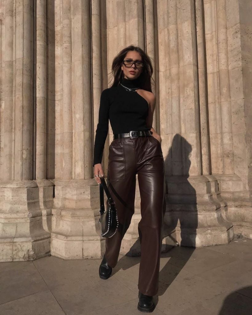 One Shoulder Top With Wide Leg Leather Pants One Shoulder Top With Wide Leg Leather Pants — Classy Leather Pants Outfits