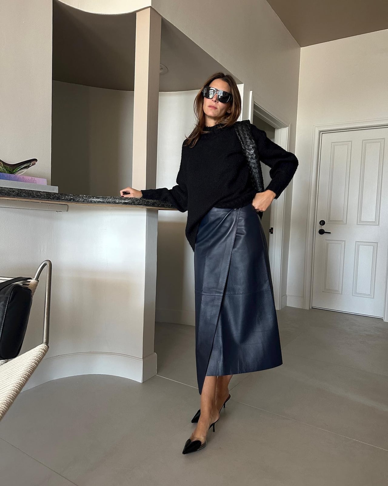 Navy Asymmetrical Wrap Leather Midi Skirt Navy Asymmetrical Wrap Leather Midi Skirt — Classy Leather Skirt Outfits