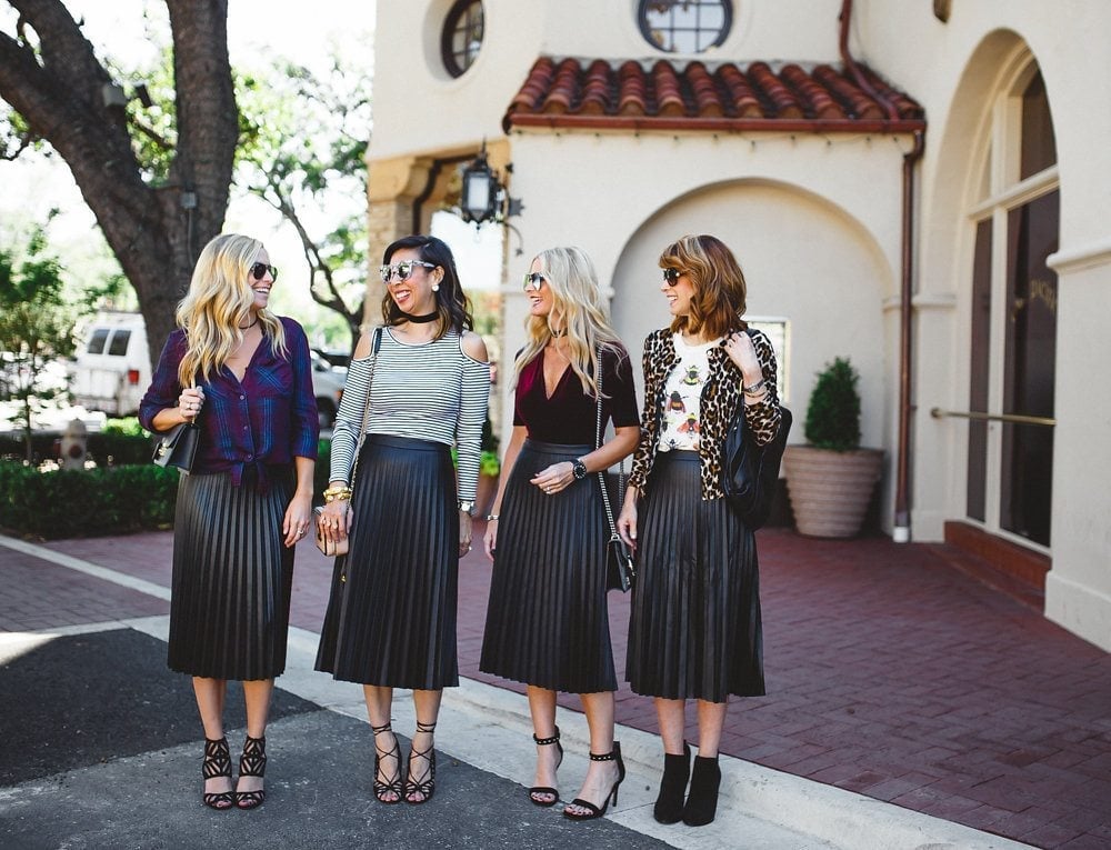 Black Pleated Leather Midi Skirts Styled Variously, Close-Up Take Black Pleated Leather Midi Skirts Styled Variously, Close-Up Take — Classy Leather Skirt Outfits