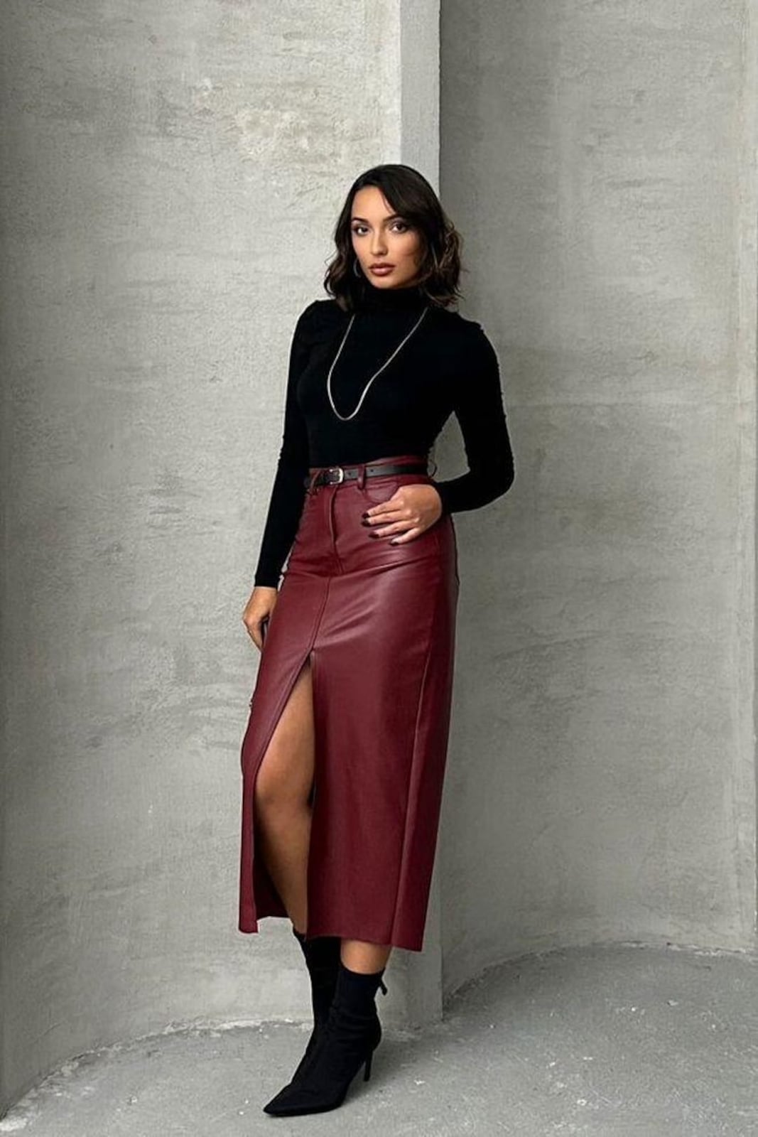 Burgundy Leather Midi Skirt with a Turtleneck, Close-Up Take Burgundy Leather Midi Skirt with a Turtleneck, Close-Up Take — Classy Leather Skirt Outfits