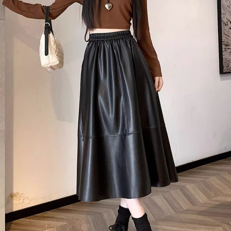Wide Black Faux Leather Midi Skirt Wide Black Faux Leather Midi Skirt — Classy Leather Skirt Outfits