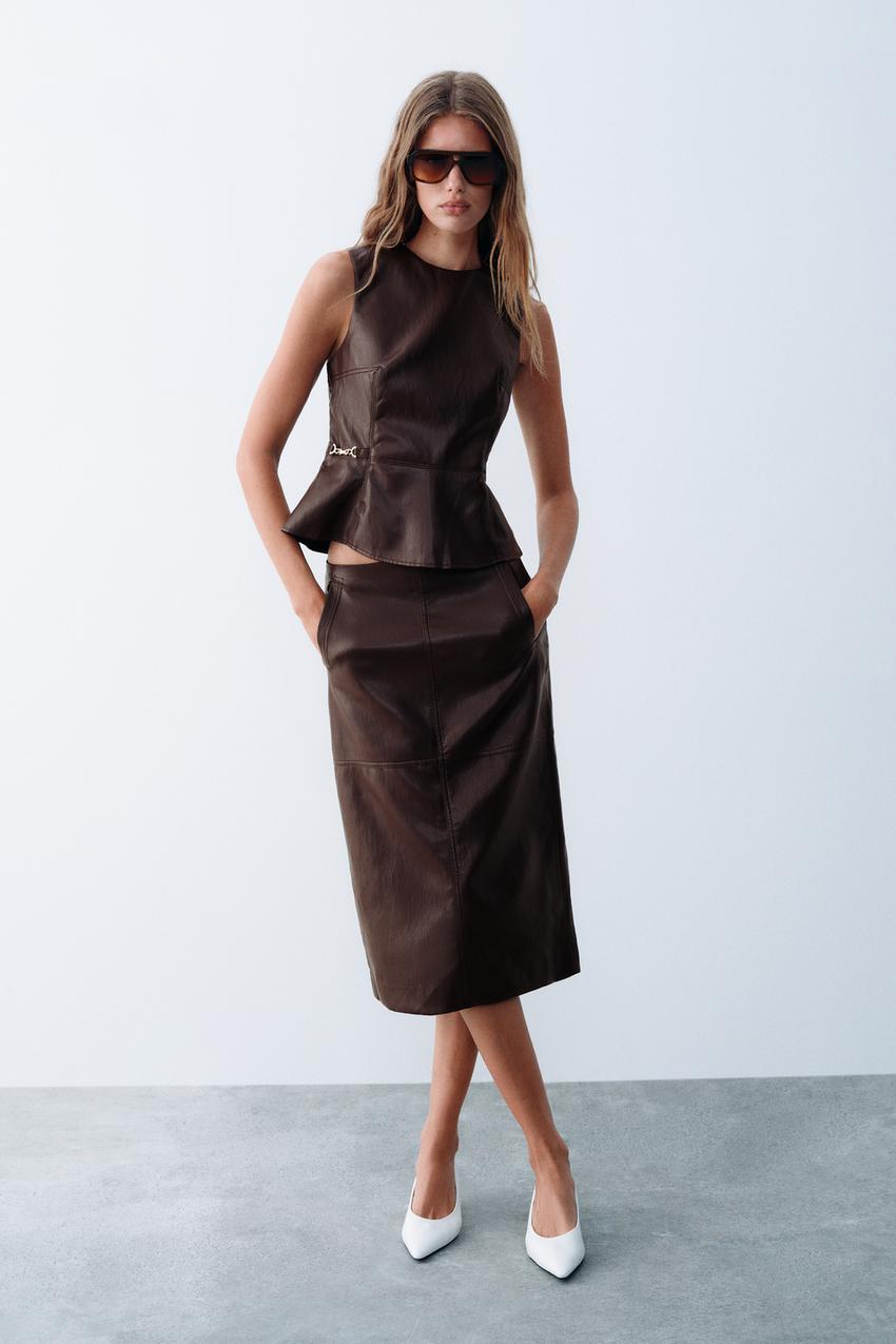 Brown Leather Midi Skirt with a Peplum Top Brown Leather Midi Skirt with a Peplum Top — Classy Leather Skirt Outfits