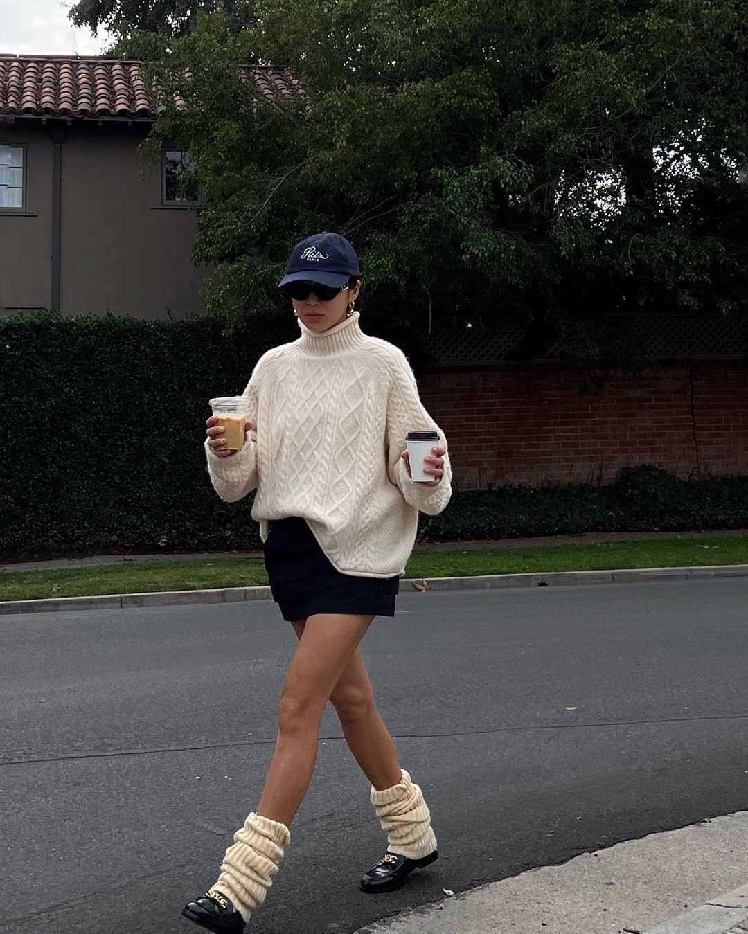 Cream Cable Knit Sweater with Dark Mini Skirt and Cream Leg Warmers — Classy Leg Warmers Outfits