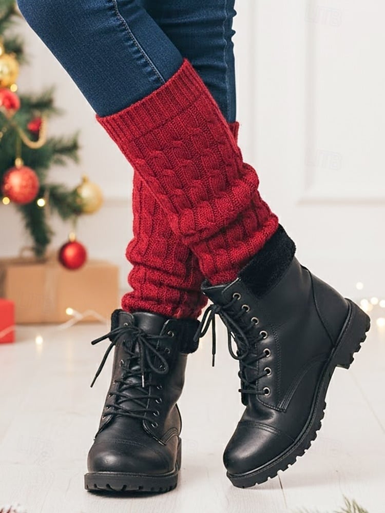Red Knit Leg Warmers with Black Lace-Up Boots — Classy Leg Warmers Outfits