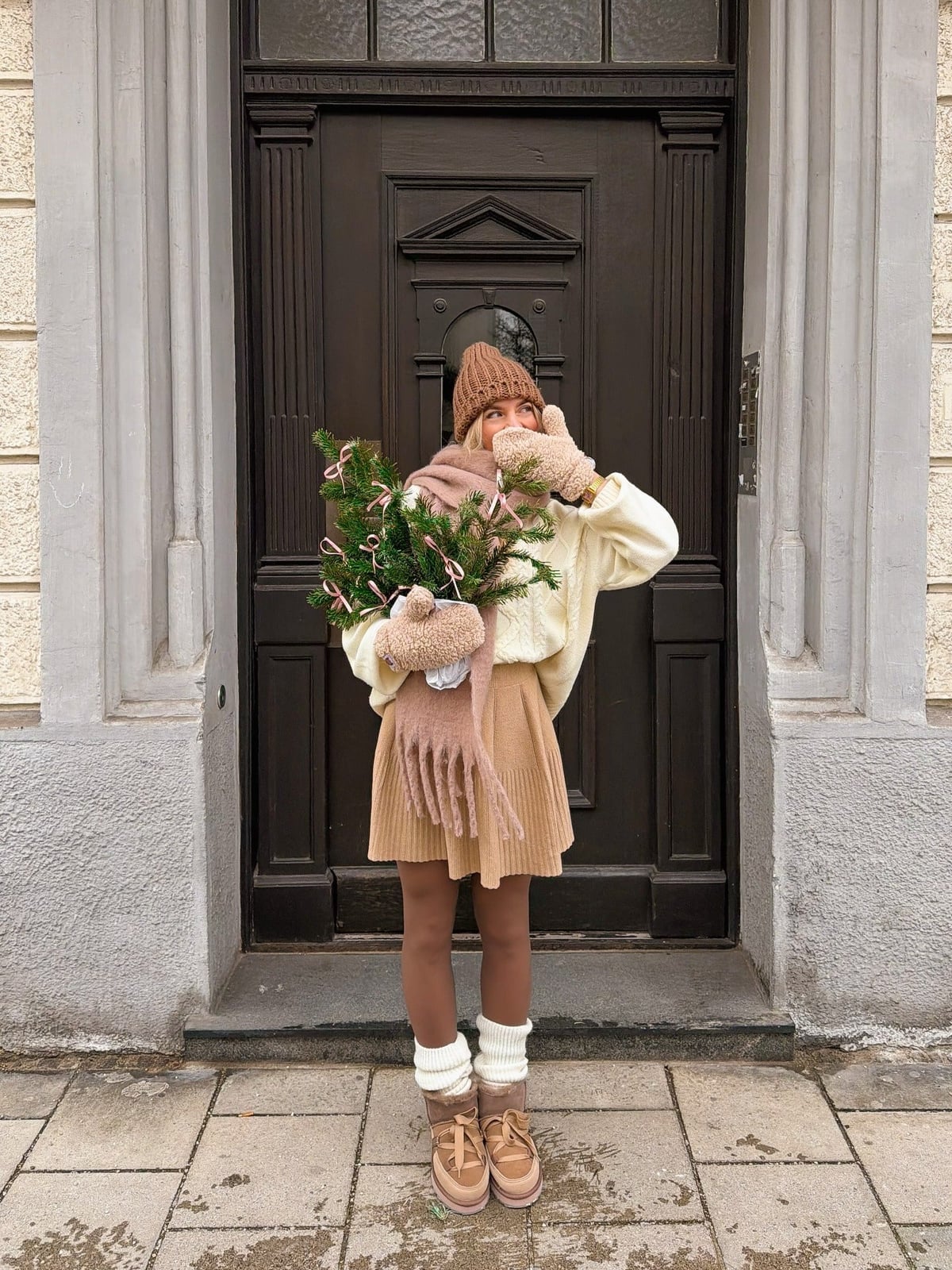 Oversized Cream Knit Sweater with Brown Corduroy Skirt and White Leg — Classy Leg Warmers Outfits