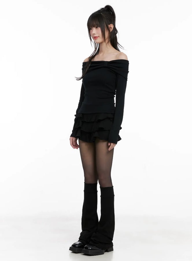 Black Off-Shoulder Top with Ruffled Skirt and Flared Leg Warmers — Classy Leg Warmers Outfits