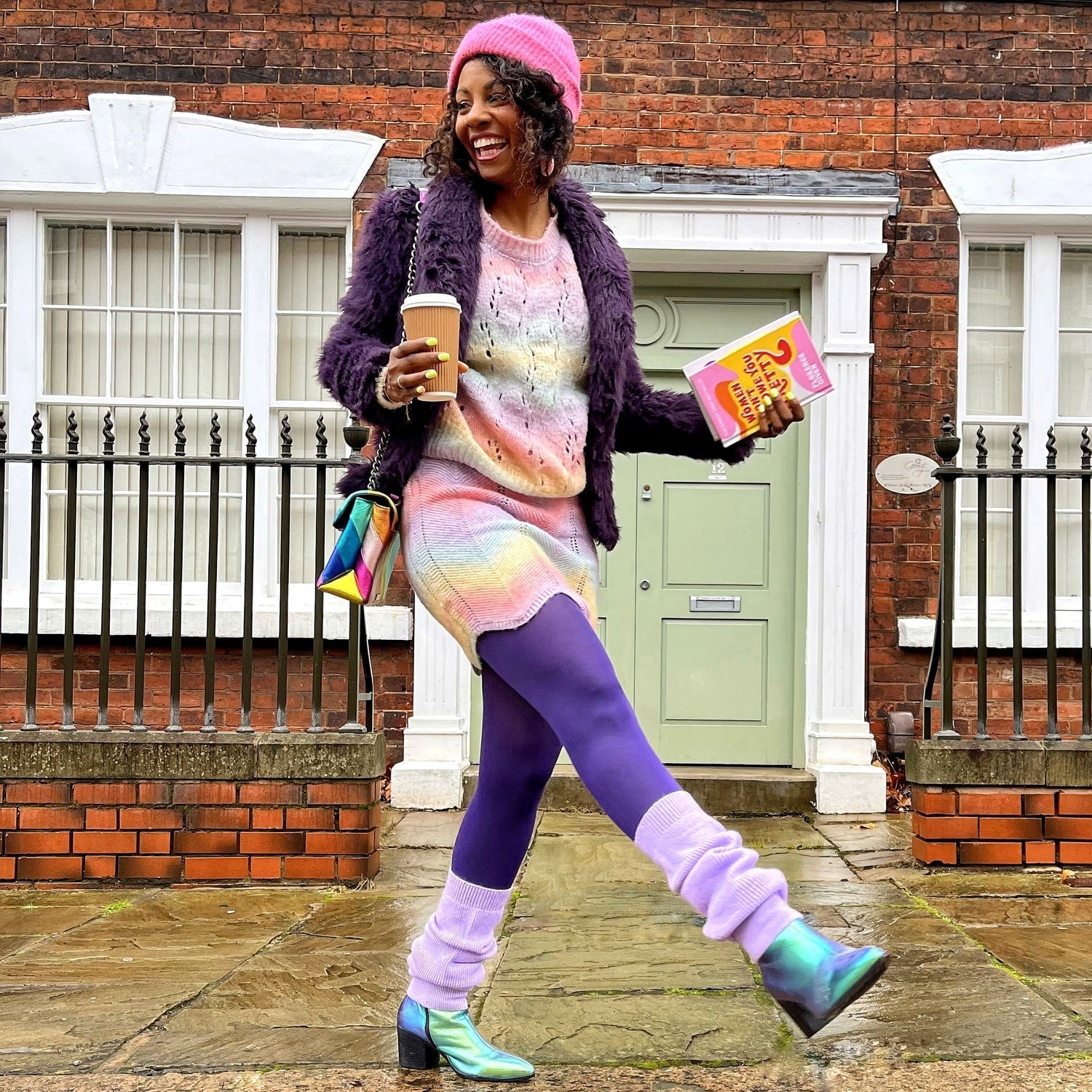 Rainbow Sweater Dress with Purple Faux Fur Jacket and Purple Leg — Classy Leg Warmers Outfits