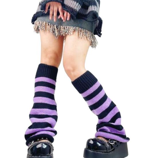 Striped Leg Warmers with Denim Skirt and Platform Shoes, Close-Up Take — Classy Leg Warmers Outfits
