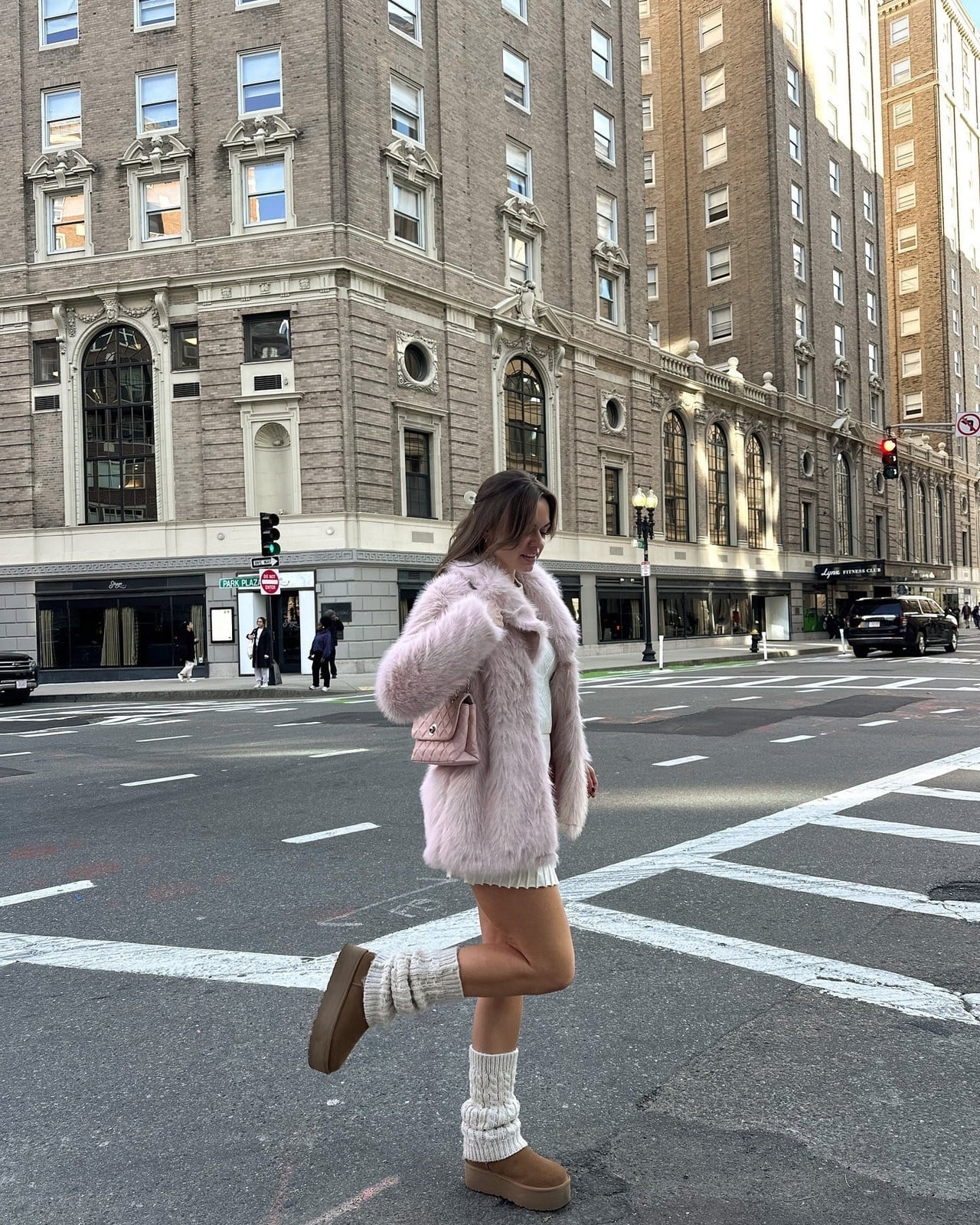 Pink Faux Fur Coat Over White Mini Dress with White Leg Warmers — Classy Leg Warmers Outfits