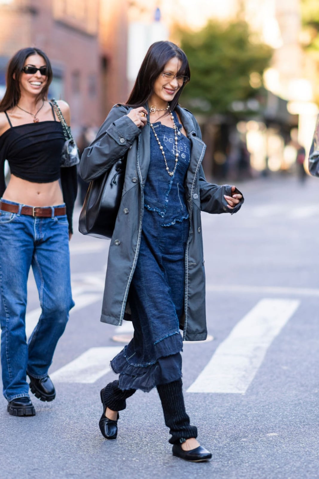 Denim Jumpsuit with Trench Coat and Black Leg Warmers — Classy Leg Warmers Outfits