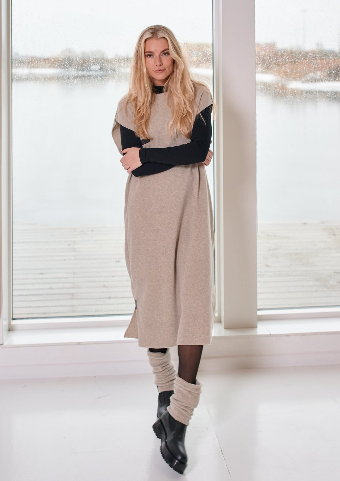 Beige Knit Dress Over Black Top with Beige Leg Warmers — Classy Leg Warmers Outfits