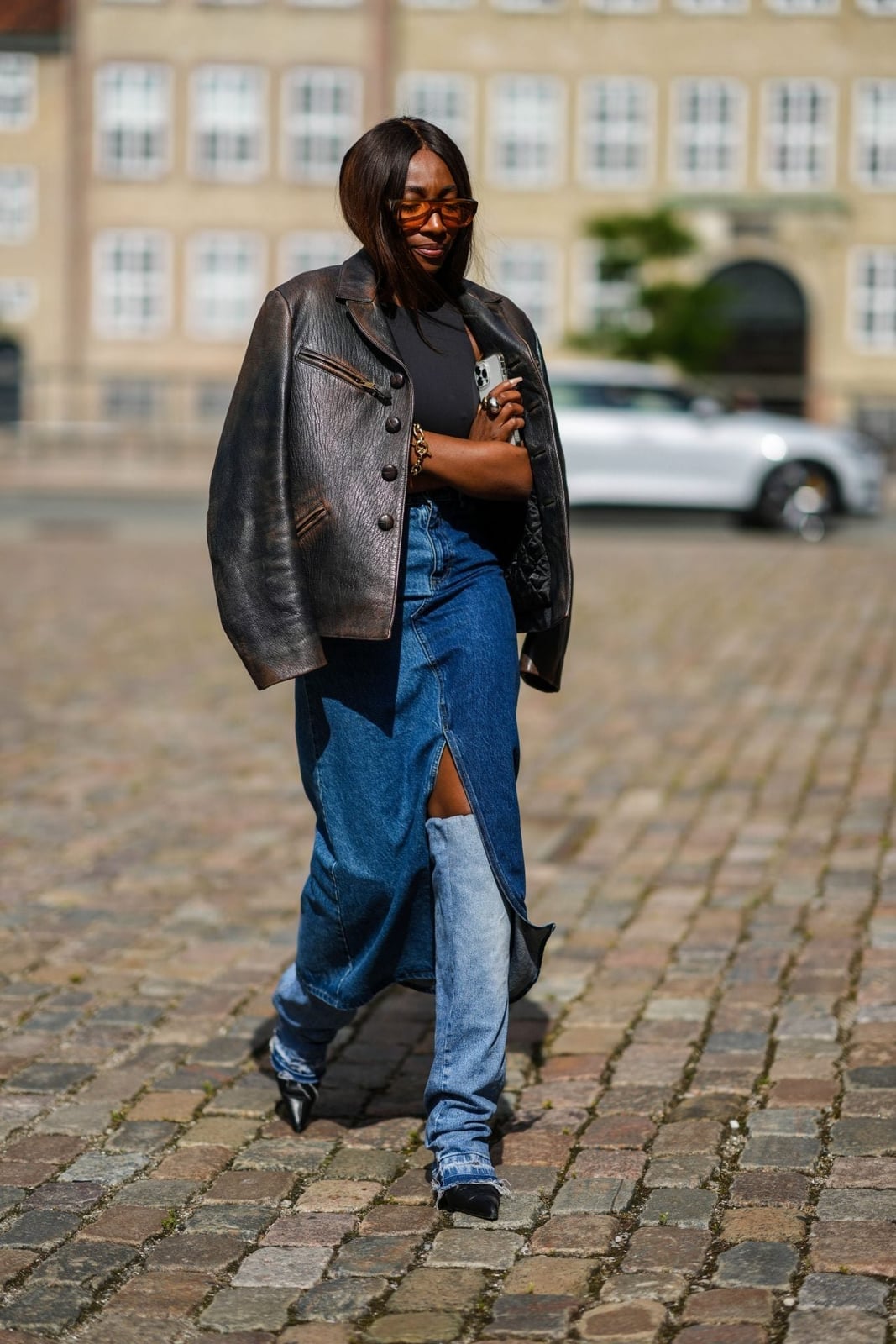 Leather Biker Jacket with Denim Maxi Skirt and Denim Leg Warmers — Classy Leg Warmers Outfits